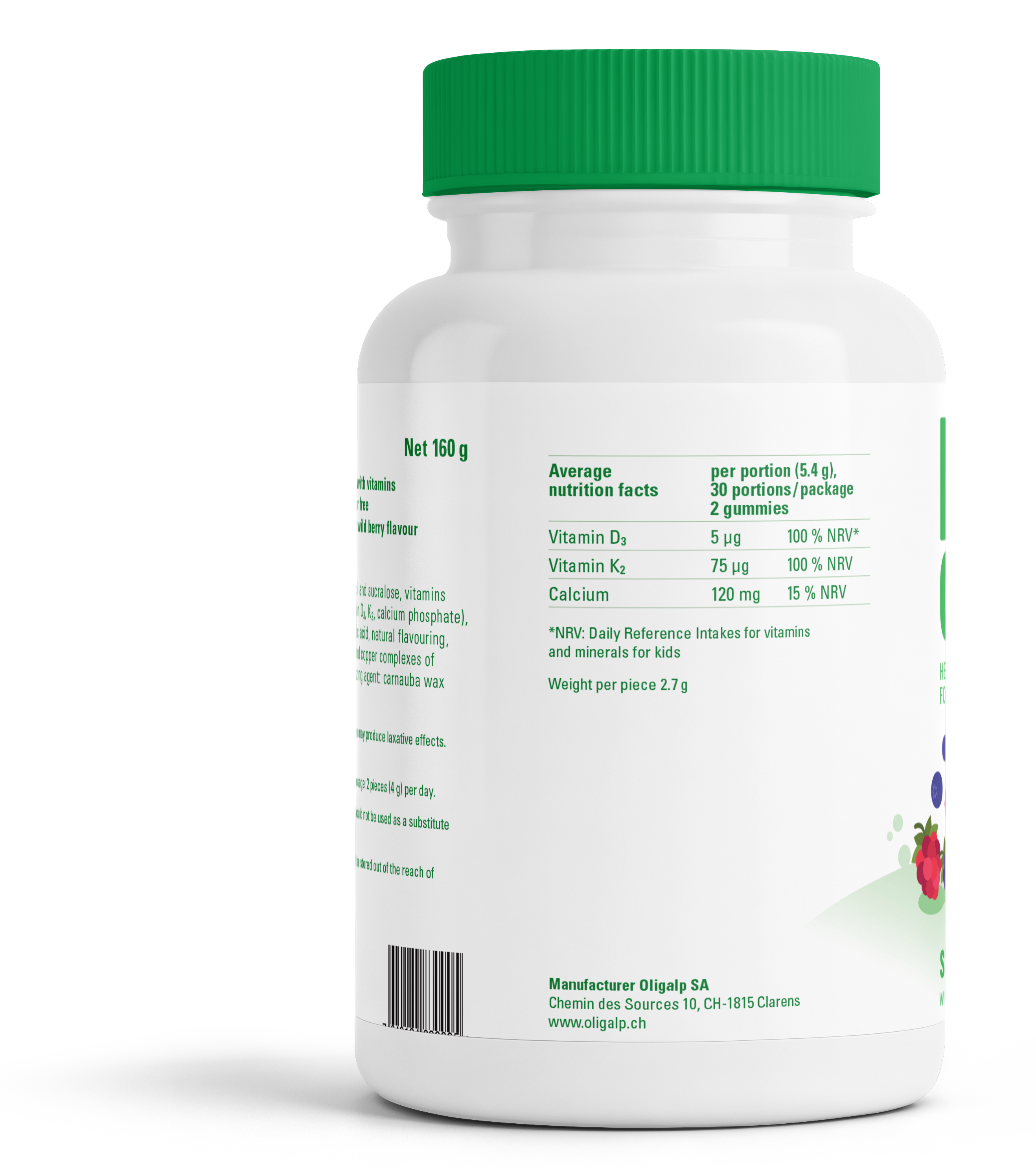 Oligalp Kids Care Strong Bones — back of bottle, nutrition facts