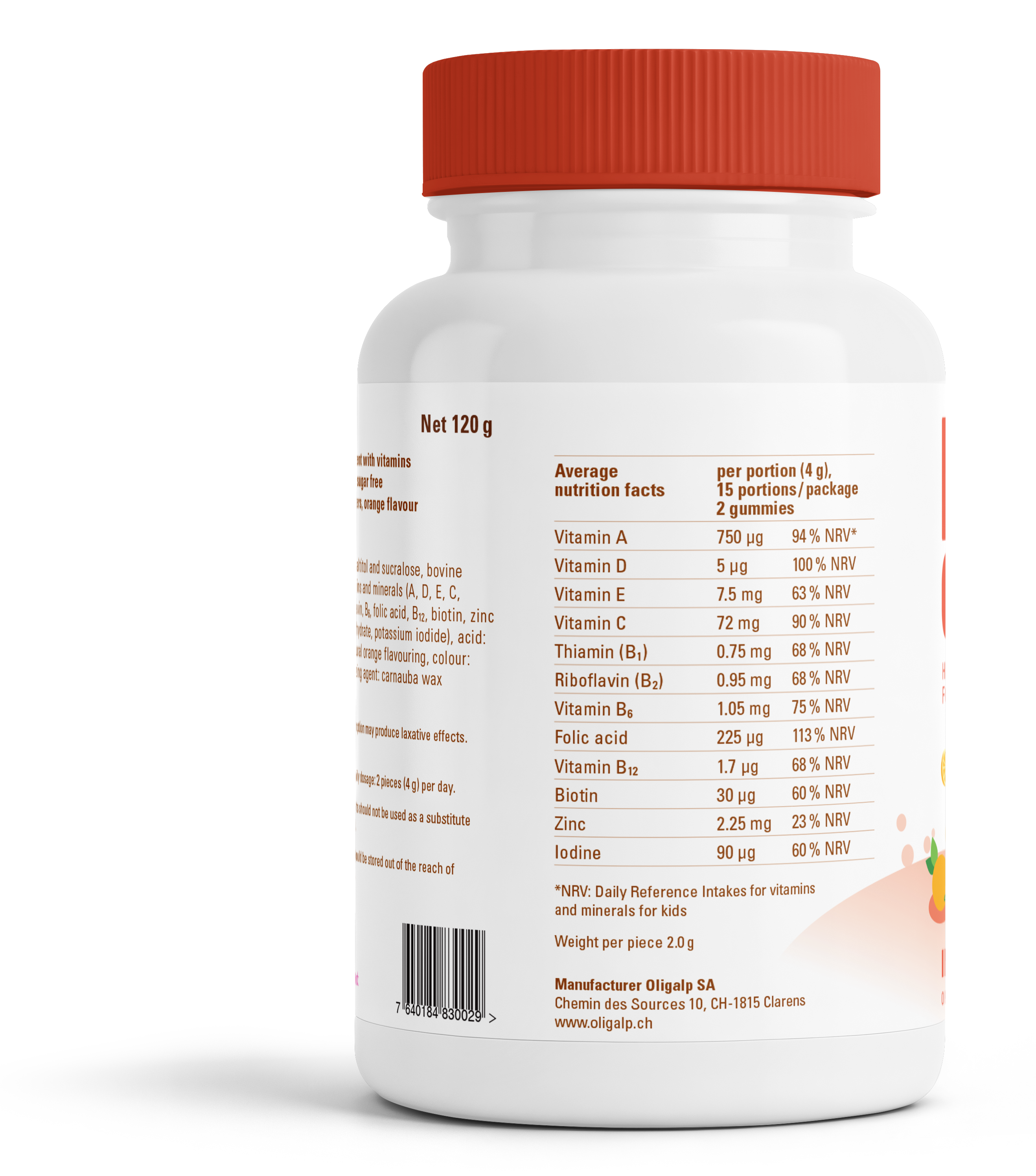 Oligalp Kids Care Immunity Support — back of bottle, nutrition facts