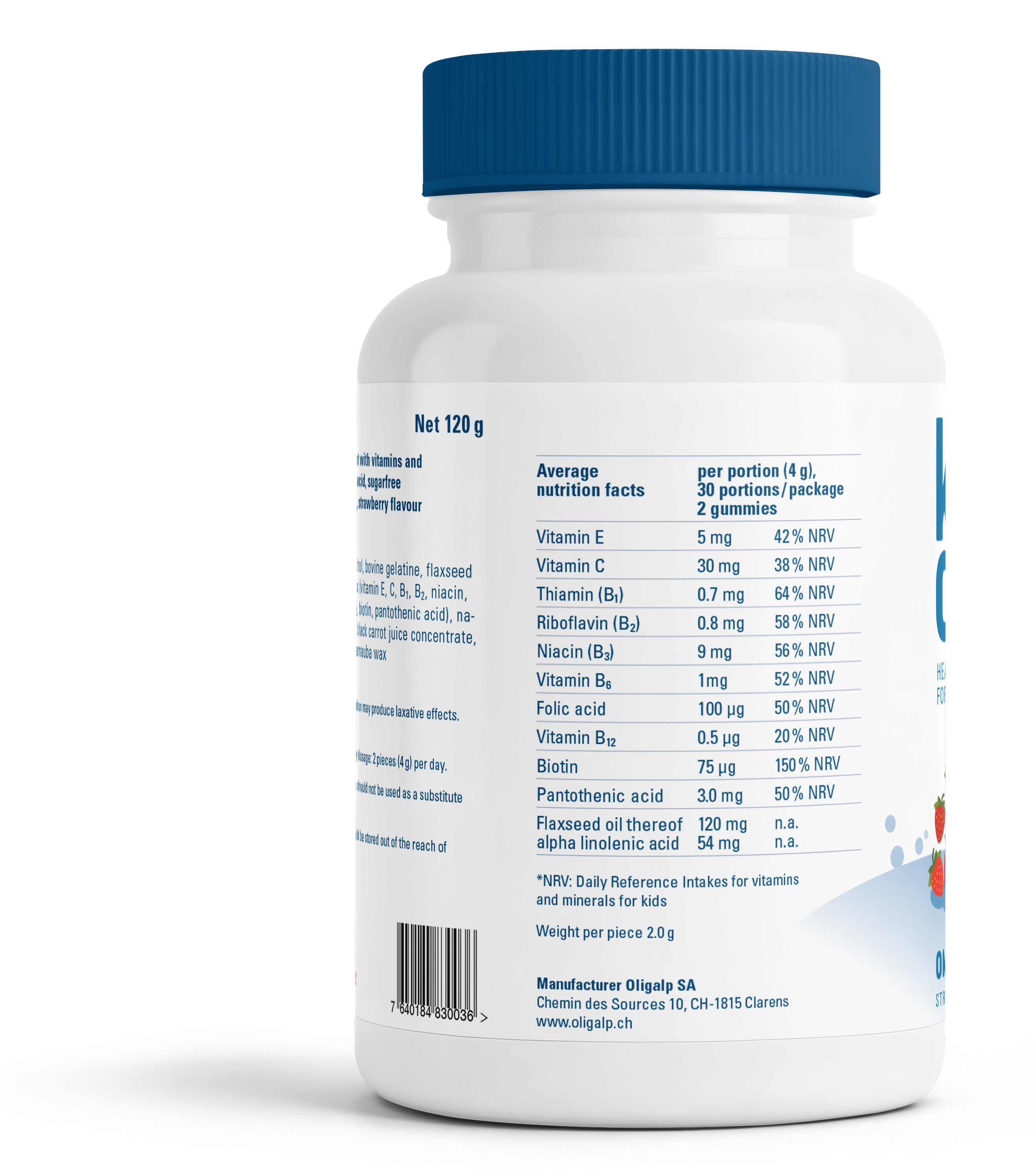 Oligalp Kids Care Omega 3 — back of bottle, nutrition facts
