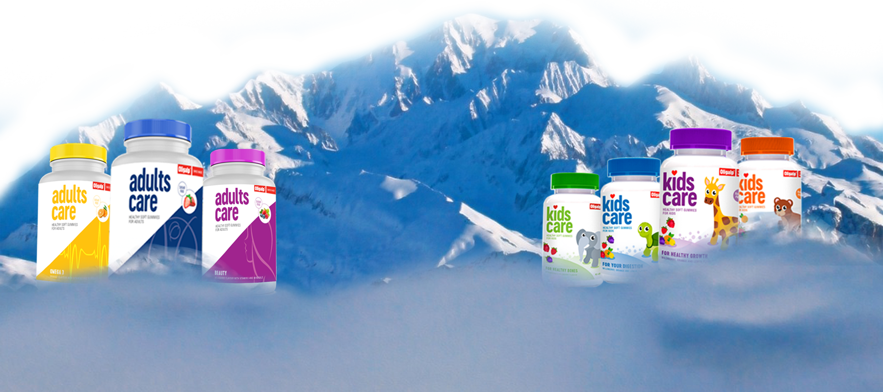 Oligalp Adults Care and Kids Care gummy and capsule bottles arranged against a snowy alpine mountain range