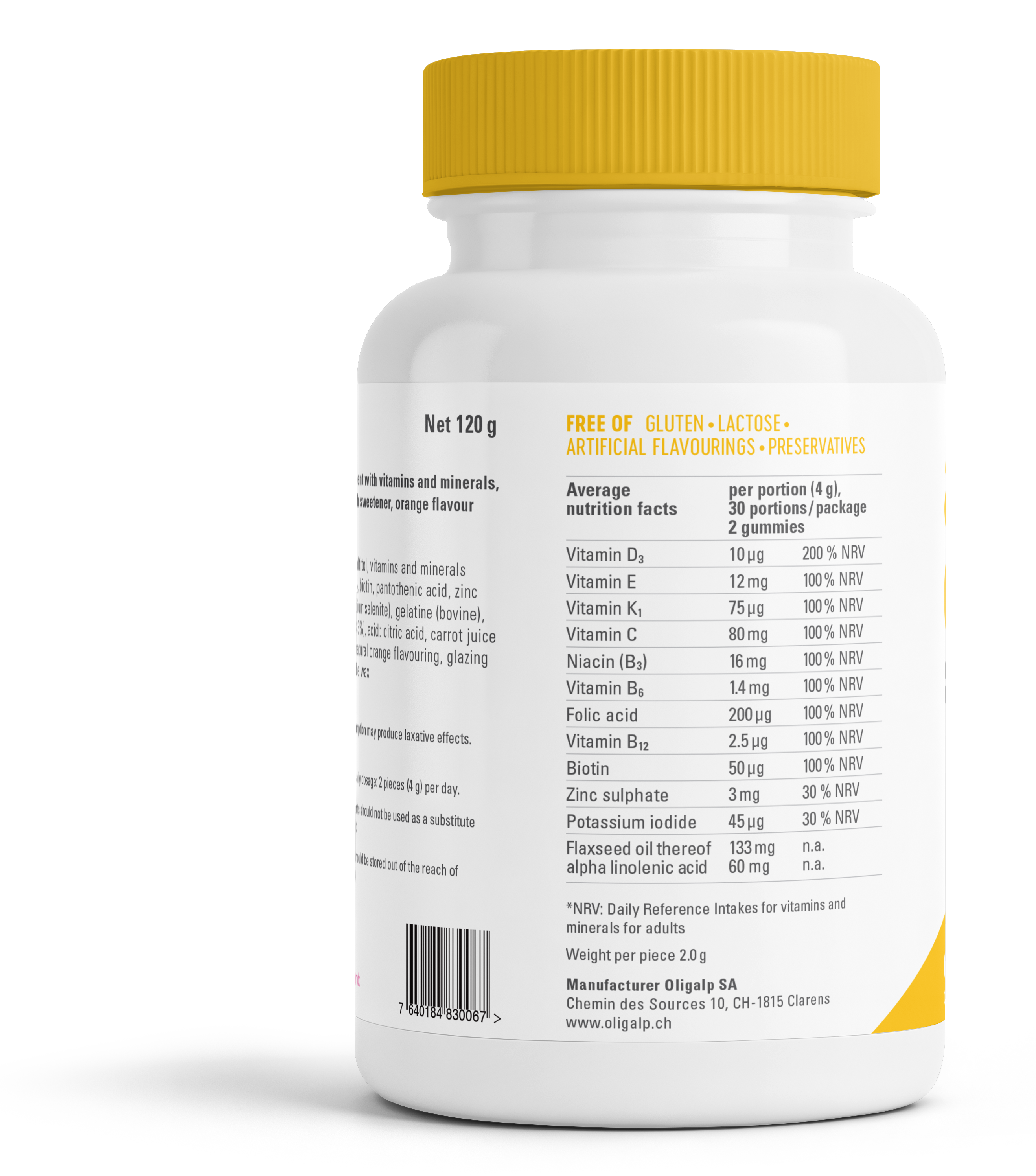 Oligalp Adults Care Omega 3 — back of bottle, nutrition facts